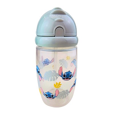 Garrafinha com Canudo Stitch 400ml Transparente e Azul