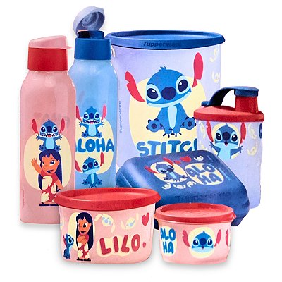 Kit Tupperware Disney Stitch Ohana 7 peças Rosa e Azul