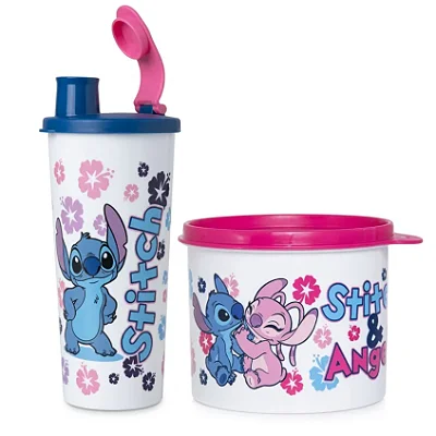 Kit Tupperware Stitch e Angel Copo + Redondinha 2 peças