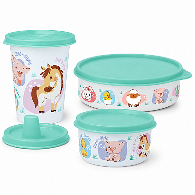 Kit Tupperware Copinho + Pratinho 500ml + Potinho Baby Fazendinha 3 peças