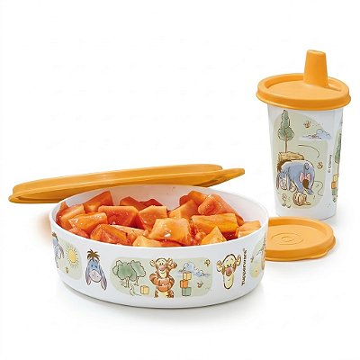 Kit Tupperware Copinho com Bico 200ml + Pratinho 500ml Pooh Aquarela 2 peças