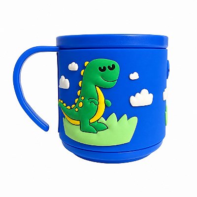 Caneca Infantil Dino T-Rex Emborrachada Alto Relevo 3D 250ml Azul
