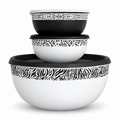 Kit Tupperware Tigela Toque Magico Feras Branco e Preto 3 peças