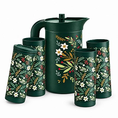 Kit Tupperware A Jarra Ilúmina + Copos Folhas de Ouro Verde 5 peças