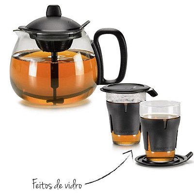 Tupperware Kit Chaleira Teaz Me 1,3 litro e Jogo de Copos 2 peças Preto para Chá
