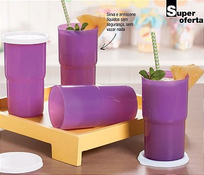 Tupperware Copo Colors 355ml Roxo tampa Branca Kit 4 peças