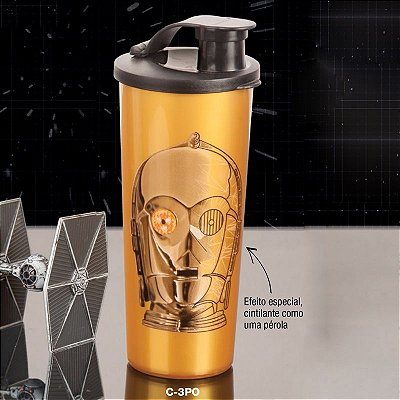 Tupperware Copo C-3PO Star Wars 470ml Dourado tampa Preta