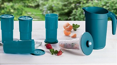 Tupperware A Jarra Colors + Copos Azul Turquesa Kit 5 peças