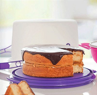 Tupperware Big Cake Redondo Branco com base Roxa - Porta Bolo