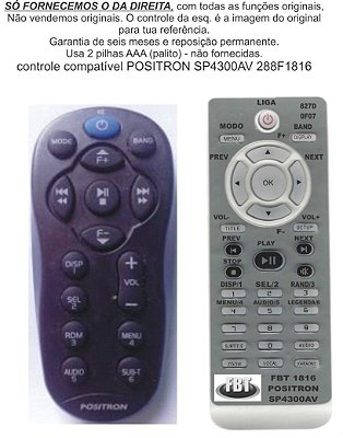 Controle Remoto Compatível - Positron Sp4300av 4330bt 6900nav 4500bt FBT1816