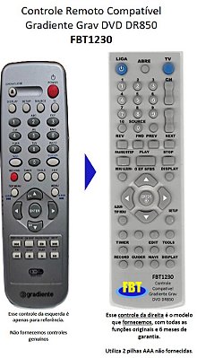 Controle Remoto Compatível Gravador Gradiente DVD DR850 FBT1230