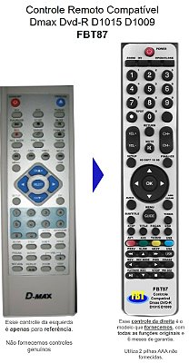 Controle Remoto Compatível - Dmax Dvdrec D1015 D1009 FBT87