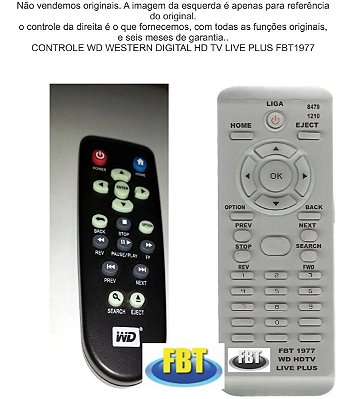 Controle Remoto Compatível - Wd Western Dig Hd Tv Live Plus FBT1977