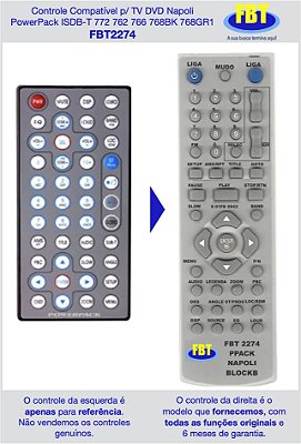 Controle Compatível p/ TV DVD Napoli PowerPack ISDB-T 772 762 766 768BK 768GR1 FBT2274