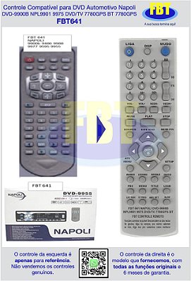 Controle Compatível para DVD Automotivo Napoli DVD-9900B NPL9901 9975 DVD/TV 7780GPS BT 7780GPS FBT641