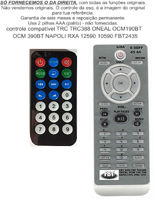 Controle Compatível para Caixa de Som TRC 388 ONEAL OCM190BT OCM390BT NAPOLI RXA12590 10590 FBT2435