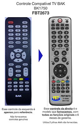Controle Remoto Compatível TV BAK BK1750 FBT2673