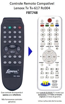 Controle Compatível TV LCD Lenoxx RC004 FBT748