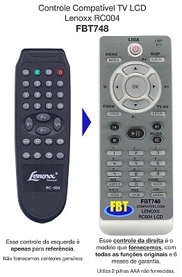 Controle Compatível TV LCD Lenoxx RC004 FBT748