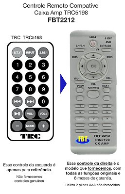 Controle Remoto Compatível Caixa Amp TRC5198 FBT2212