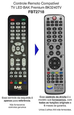 Controle Remoto Compatível TV LED BAK Premium BK3240TV FBT2718