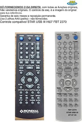 Controle Compatível Com  MONDIAL STAR USB III HT07 FBT2370