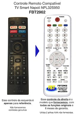 Controle Compatível Com SMART TV NAPOLI NPL32S950 FBT2962
