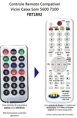 Controle Remoto Compatível p/ Vicini VC5600 7100 FBT1892