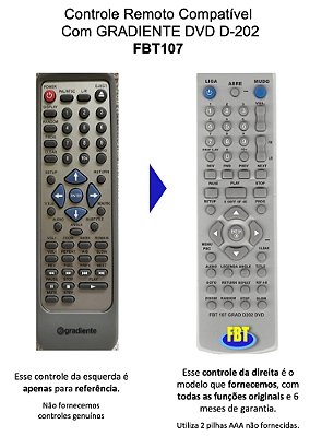 Controle Remoto Compatível  Com GRADIENTE DVD D-202 FBT107