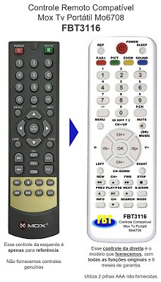 Controle Remoto Compatível Mox Tv Portátil Mo6708 FBT3116