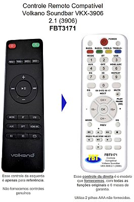 Controle Remoto Compatível Volkano Soundbar VKX-3906 2.1 (3906) FBT3171