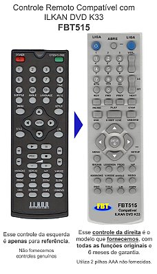 Controle Remoto Compatível com ILKAN DVD K33 FBT515