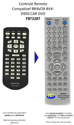 Controle Remoto Compatível BRAVOX BVX-D930 CAR DVD  FBT2287