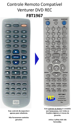 Controle Remoto Compatível Venturer DVD REC FBT1967