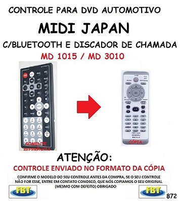 Controle Remoto Compatível - para DVD Digital Automotivo C/BLUETOOTH E DISCADOR DE CHAMADA MIDI JAPAN MD 1015 / MD 3010