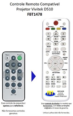 Controle Remoto Compatível - Projetor Digital DATASHOW VIVITEK D535 D508 D510 D530 D536 D537W D538 D509 D511 D518 FBT1478