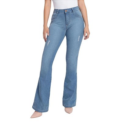 Calça Feminina Jeans Flare Cintura Media Puídas Biotipo Azul