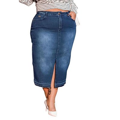 Saia Jeans Evangélica Midi Plus Size Com Fenda Cintura Alta