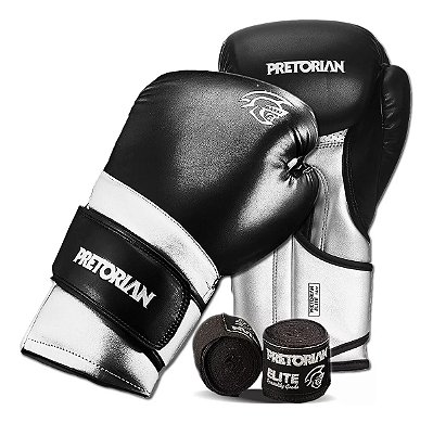 Kit Luva Muay Thai Boxe Pretorian Elite + Bandagem - Preto/Prata