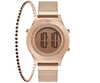 Kit Relógio Technos Feminino Digital Rosé+Pulseira -BJ3927AB