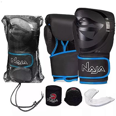Kit Luva de Boxe Muay Thai - Naja Preto/Azul+Bandagem+Bucal - Preto/Azul
