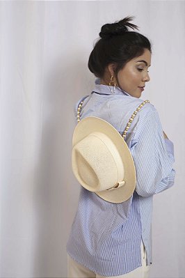 JC Chapéu Fedora Aba Curta com alça Trip Pérola e Madeira