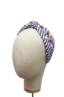 JC Tiara Turbante Navy Bordada Listrada Azul