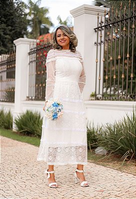 Aline - Vestido de noiva mix de renda com tule e guipir rodado fluido