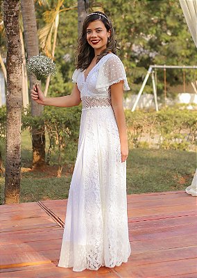 Vestido de noiva longo com manga boho chic decote V - Vestido Elis