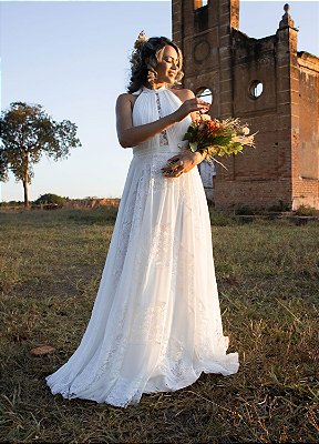 Vestido floral estampado semi longo - Ana Violeta Vestidos de festa