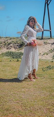 Vestido de noiva longo com manga boho chic decote V - Vestido Elis - Ana  Violeta Vestidos de festa