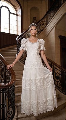 Vestido de Noiva Boho Chic em Renda e Tule Poá – Modelo Cecília