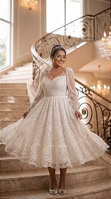 Vestido de Noiva Midi Manga Longa em Renda e Tule Poá – Modelo Helena