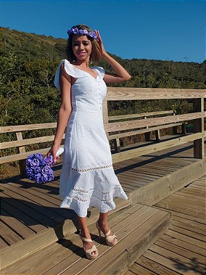 Vestido midi para casamento civil alças com babado